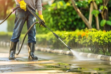 High pressure cleaning of driveway with gasoline washer, professional cleaning services