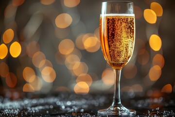 Glass of champagne on the blurred background with lights, festive atmosphere concept.
