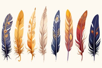 Decorative Set colorful feathers. Nature collection. Generate Ai