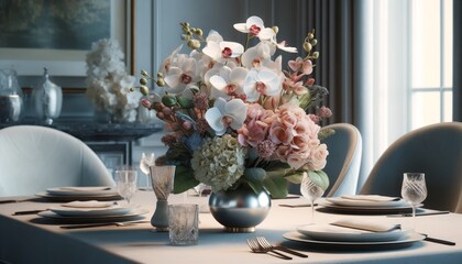 Sophisticated Centerpiece with Orchids, Peonies, and Hydrangeas in a Modern Vase on an Elegant Dining Table