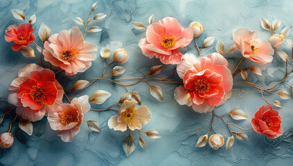 3D textured flowers in light pastel colors on a blue background, floral wall art in the style of various artists. Created with Ai