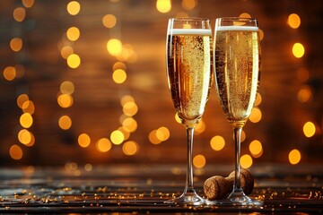 Two glasses of champagne on the blurred background with lights, festive atmosphere concept.