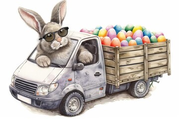 Humorous Easter illustration of a cool bunny wearing sunglasses while delivering colorful Easter eggs in a delivery truck, German language