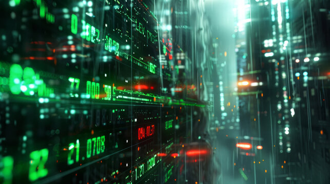A close-up of a stock ticker scrolling rapidly with green and red letters indicating price changes