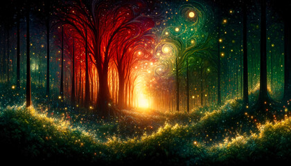 A mystical forest at night, with an emphasis on swirling patterns in the trees and foliage that create an enchanted