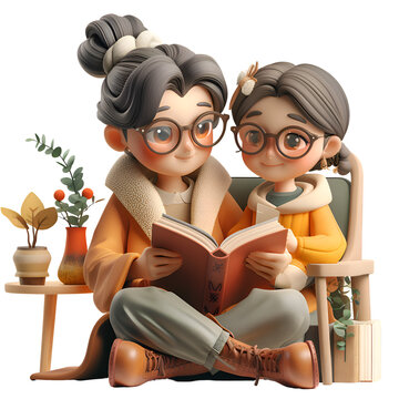 A 3D animated cartoon render of a mother and child discussing books at a cozy meeting.