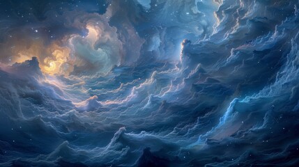 A painting of a cloud filled sky with stars in the background, AI - obrazy, fototapety, plakaty