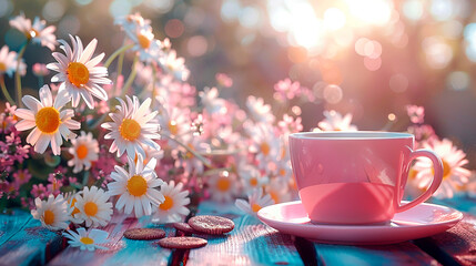 Pink mug with daisies on a wooden table. Breakfast on the veranda of a summer cafe - obrazy, fototapety, plakaty