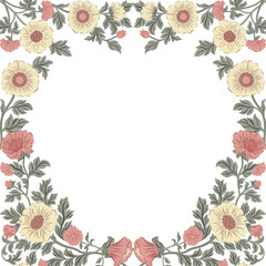 Postcard or poster made from folk art elements. Folk vector illustration, floral frame on white background. Hand drawn folk flowers. Traditional motif