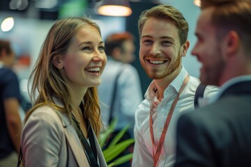 Businesspeople chat and laugh at a trade show, with one man in his thirties smiling amid colleagues, against a backdrop of product displays.