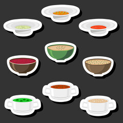 Illustration on theme big set various types beautiful tasty edible hot homemade soups