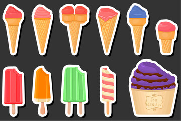 Illustration on theme big kit ice cream popsicle different types in cone waffle cup