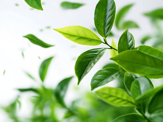 Fototapeta na wymiar Fresh Green Tea Leaves in a White Bowl on a Clean Background