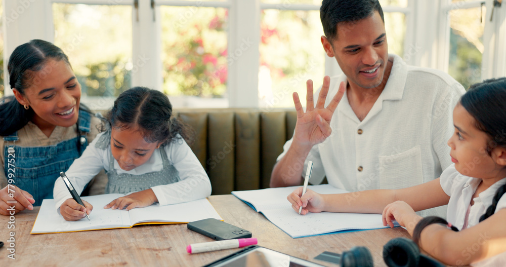 Poster Homework, family and counting help with children, mom and dad in a home with education. House, study and parent support with a young girl writing for school and class project with mother and father