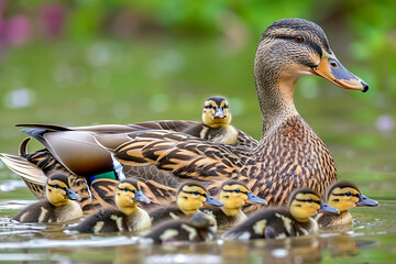Mallard female duck with ducklings swims on a lake