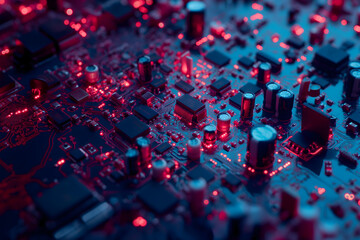 Futuristic Close-up of Glowing Electronic Circuit Board with Components