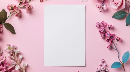 A blank white paper surrounded by an assortment of flowers on a pastel pink background