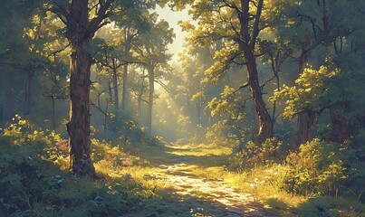 A serene forest scene with tall trees, sunlight filtering through the leaves and a path leading into the distance. 