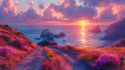 A breathtaking sunrise over the ocean, casting warm hues across an array of vibrant wildflowers blooming along rugged cliffs. Created with Ai - obrazy, fototapety, plakaty