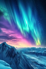 Beautiful aurora northern lights in night sky with snow mountain forest in winter.