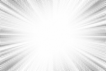 Halftone gradient sun rays pattern. abstract halftone vector dots background. monochrome dots pattern. pop art, comic small dots. star rays halftone poster. shine, explosion. sunrise rays background.