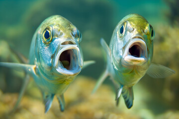 Mockup template banner with two fishes with open mouth, Amazed astonished surprised shocked...