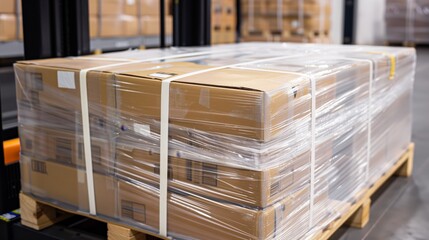A pallet of boxes is wrapped in plastic