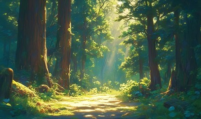 A sunlit forest path with tall trees and rays of sunlight piercing through the canopy, creating an enchanting scene of nature's beauty - obrazy, fototapety, plakaty