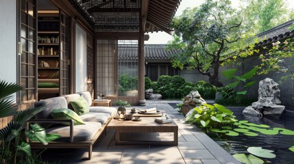 Luxurious hotel scene with garden relaxation and luxurious furniture.