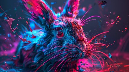 A close up of a rabbit with colorful paint splattered on it, AI - obrazy, fototapety, plakaty