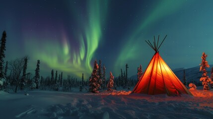 Camping in wild with teepee tent and stunning aurora light at night. - Powered by Adobe