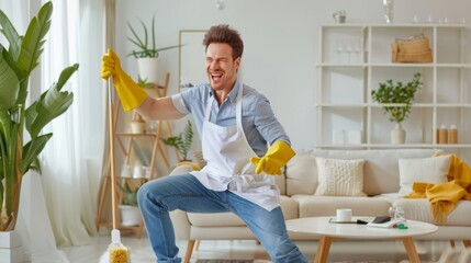 A Man Enthusiastically Cleaning Home