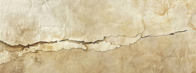A distressed, aged parchment background with a small, torn section revealing a clean white space.