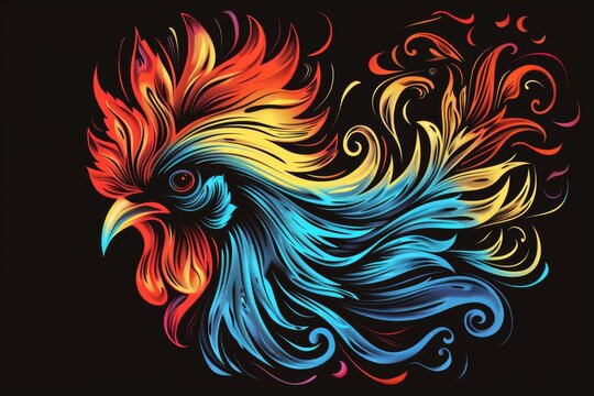 A colorful rooster on a black background. A magical creature made of fire.