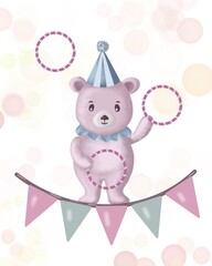 Circus animals are a teddy bear on a roap. Digital illustration on a white background, hand-drawn. Vintage cute toys. For children's goods, packaging, backgrounds, postcards, stickers.