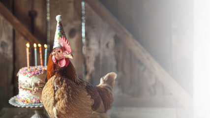 Chicken wearing a birthday hat in front of a birthday cake on farm background	
