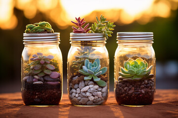 A trio of succulent plants housed in repurposed mason jars used as planters.