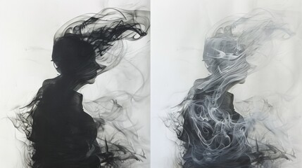 Two pictures of a person in smoke with one picture showing the back and another side, AI