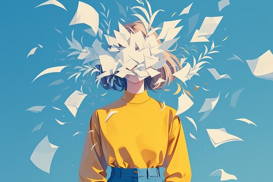 A woman with her head exploding in paper and documents