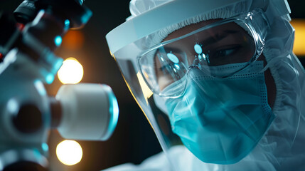 A man in a lab coat and a face mask is looking at something through a microscope. Concept of scientific curiosity and focus. A photo of human-centric med-tech