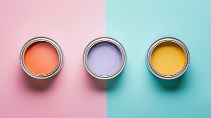 Three Open Paint Cans on Pastel Background - Wallpaint Cans with Coral, Lavender, and Lemon Shades for Spring Decoration Ideas Home Renovation. Top View Flat Lay with Copy Space