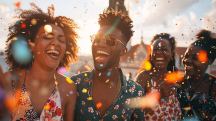 A group of exuberant individuals is tossing confetti and laughing on a rooftop at sunset. - obrazy, fototapety, plakaty
