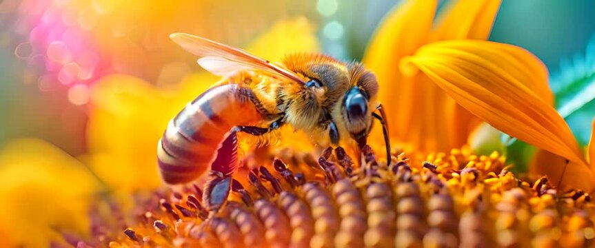 Pollen-covered bee on a sunflower, vibrant colors, macro,