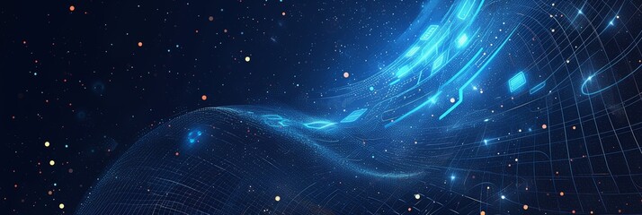 Abstract background with blue glowing digital waves and interconnected dots on a dark backdrop, representing technology or data transfer