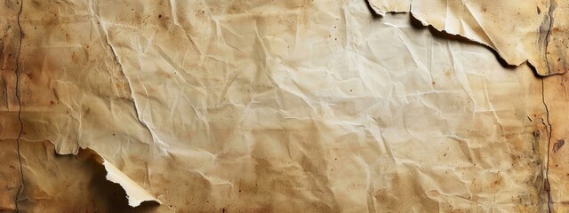 A distressed, aged parchment background with a small, torn section revealing a clean white space. - obrazy, fototapety, plakaty