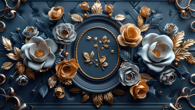 3d wallpaper with quilted background, silver and gold roses in the frame, dark blue background. Created with Ai