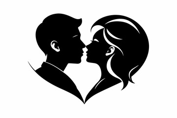 Kissing couple black silhouette with floral heart icon design.