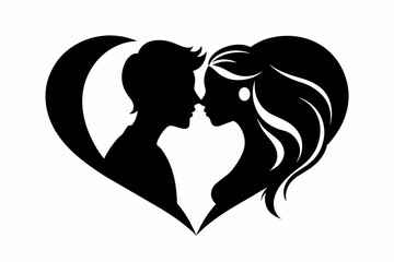 Kissing couple black silhouette with floral heart icon design.
