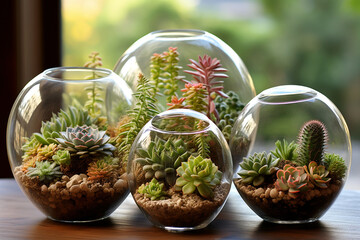 A trio of succulent plants thriving in glass globe terrariums, creating a mesmerizing display.