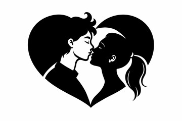 Kissing couple black silhouette with floral heart icon design.